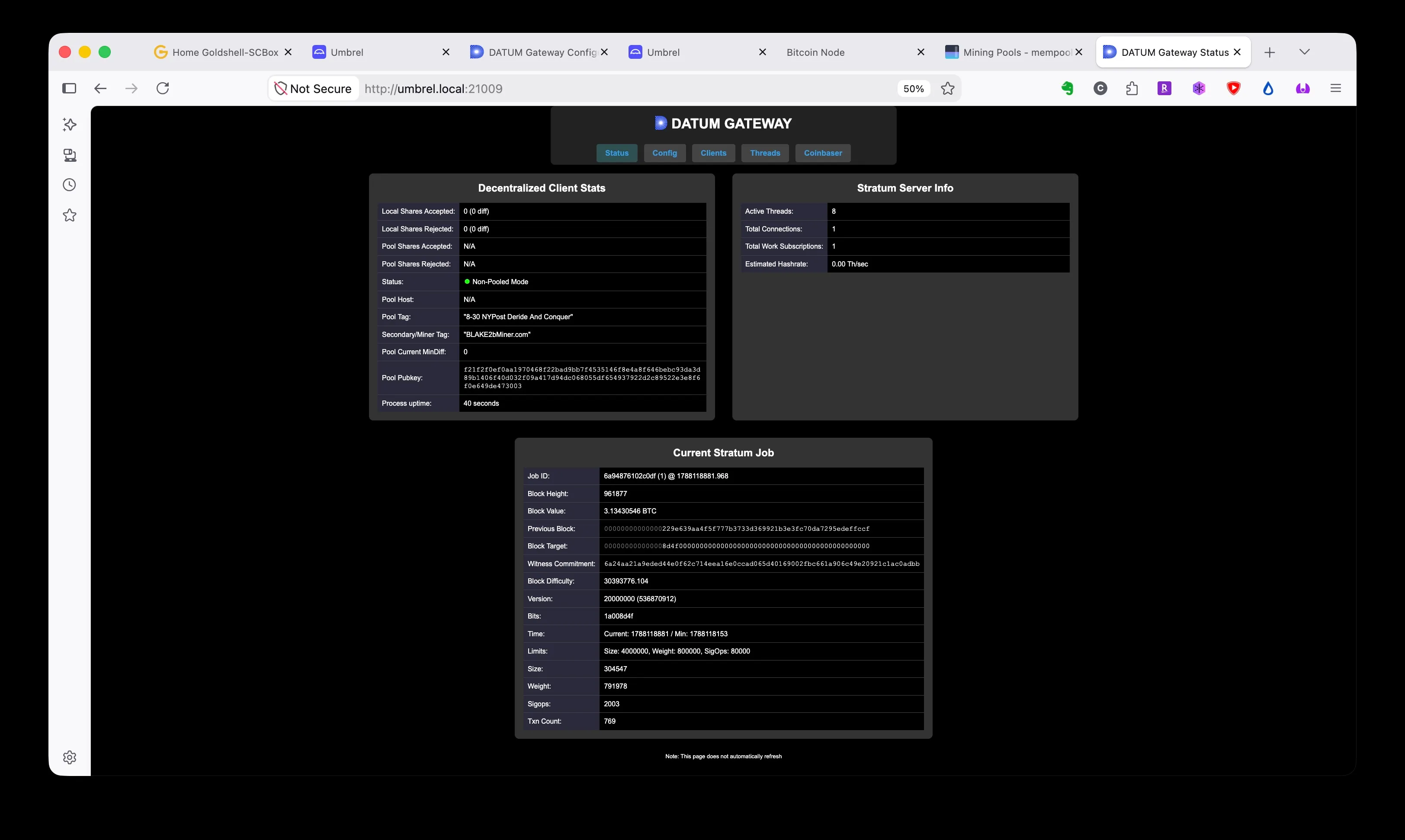 The DATUM Gateway status page: non-pooled mode, pool tag "8-30 NYPost Deride And Conquer", one connection, one work subscription, current stratum job at block height 961,877 with mainnet difficulty