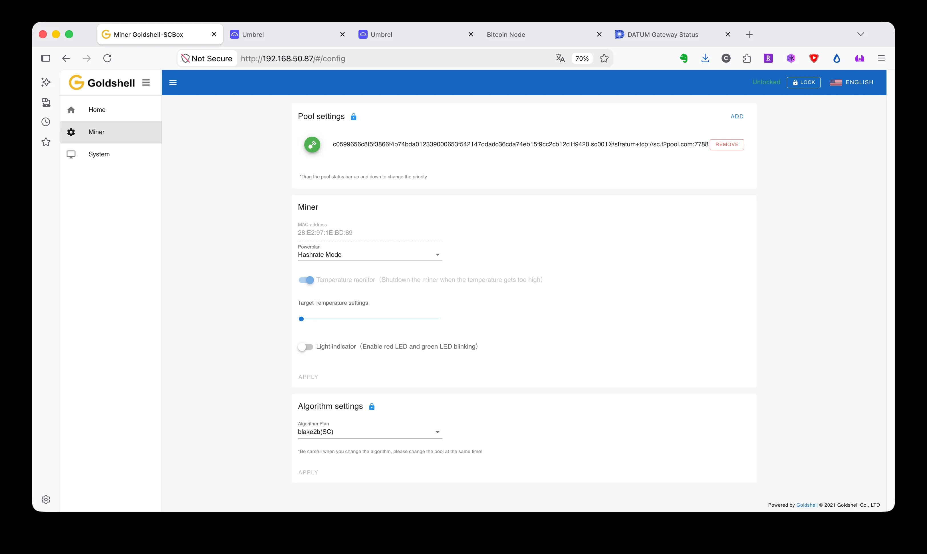 The Goldshell add-pool form filled in with the DATUM stratum address, worker name and password
