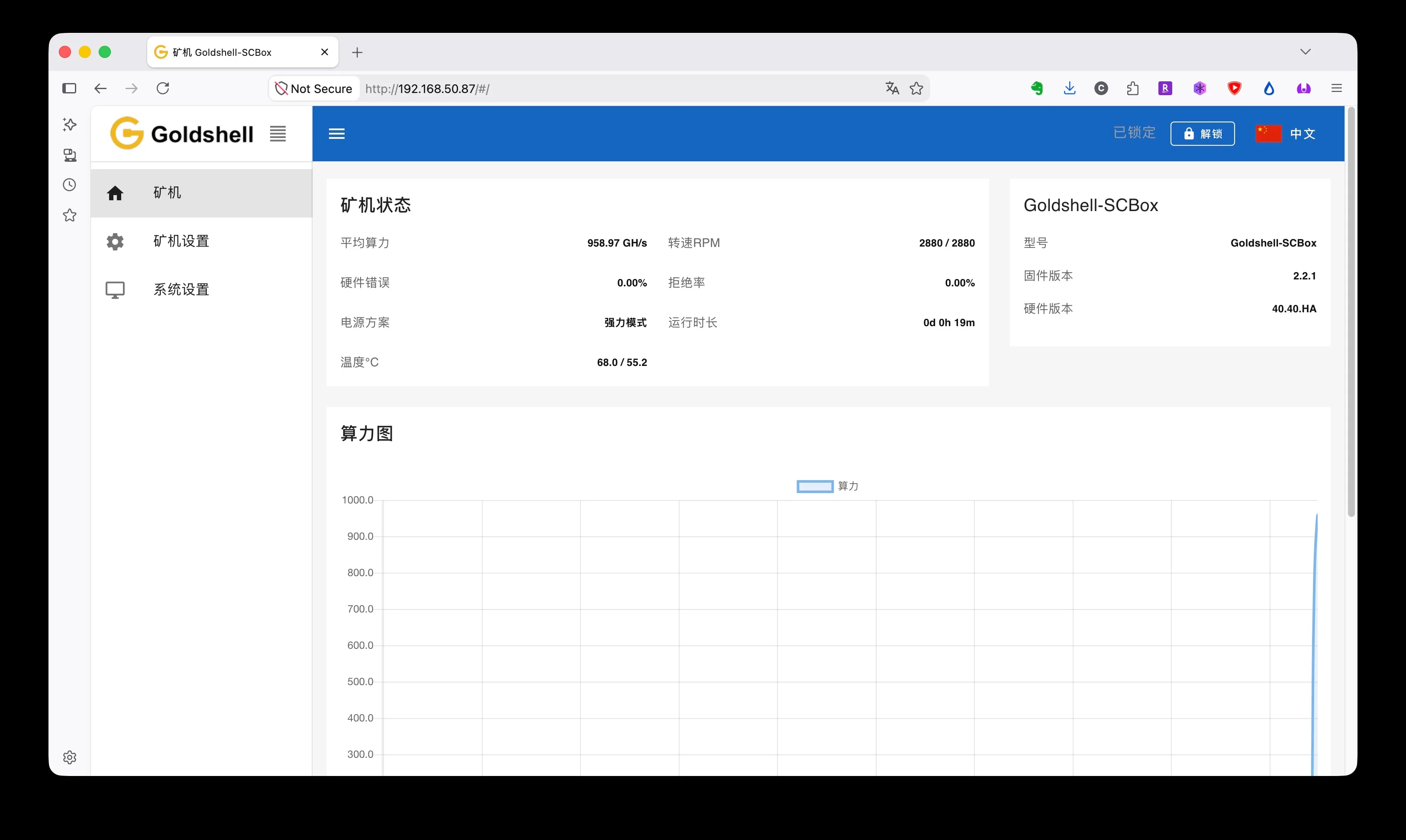 The Goldshell web UI on first load, in Chinese, already showing 959 GH/s and an active pool