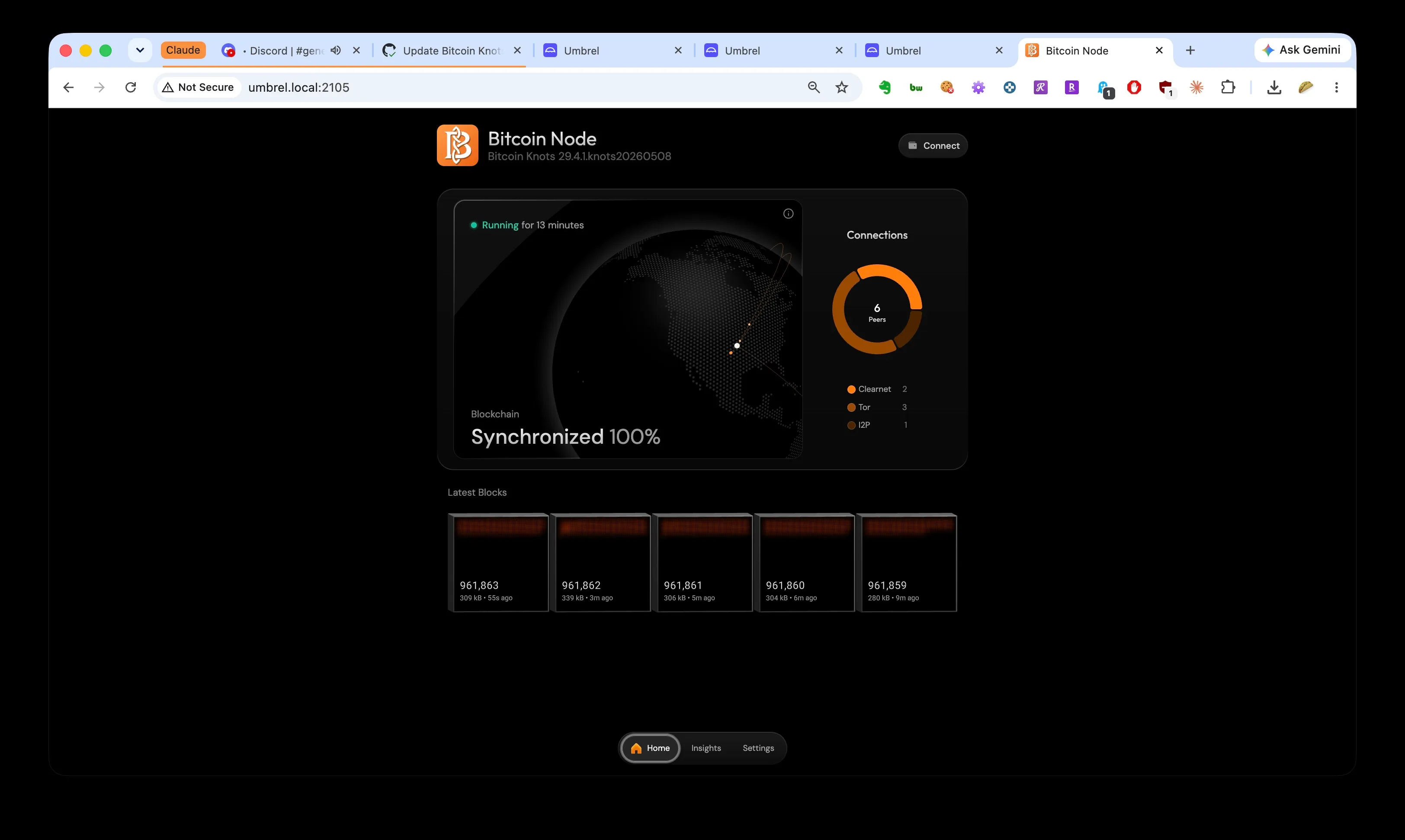 The Bitcoin Knots app home screen on 29.4.1.knots20260508, running, six peers, latest blocks ticking past 961,860