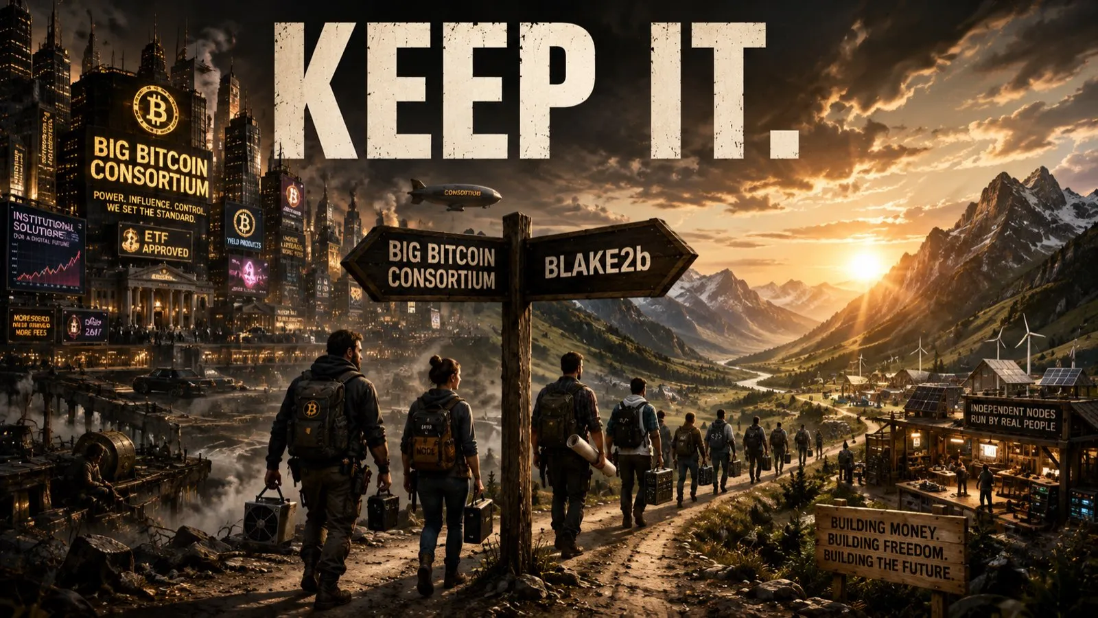 A crowd of people with backpacks, toolboxes and node hardware walks away from a dark city of Big Bitcoin Consortium billboards, past a signpost pointing back to the consortium and ahead to BLAKE2b, toward a sunlit valley of small homesteads, wind turbines and a sign reading "Independent nodes run by real people," under the words "Keep it."